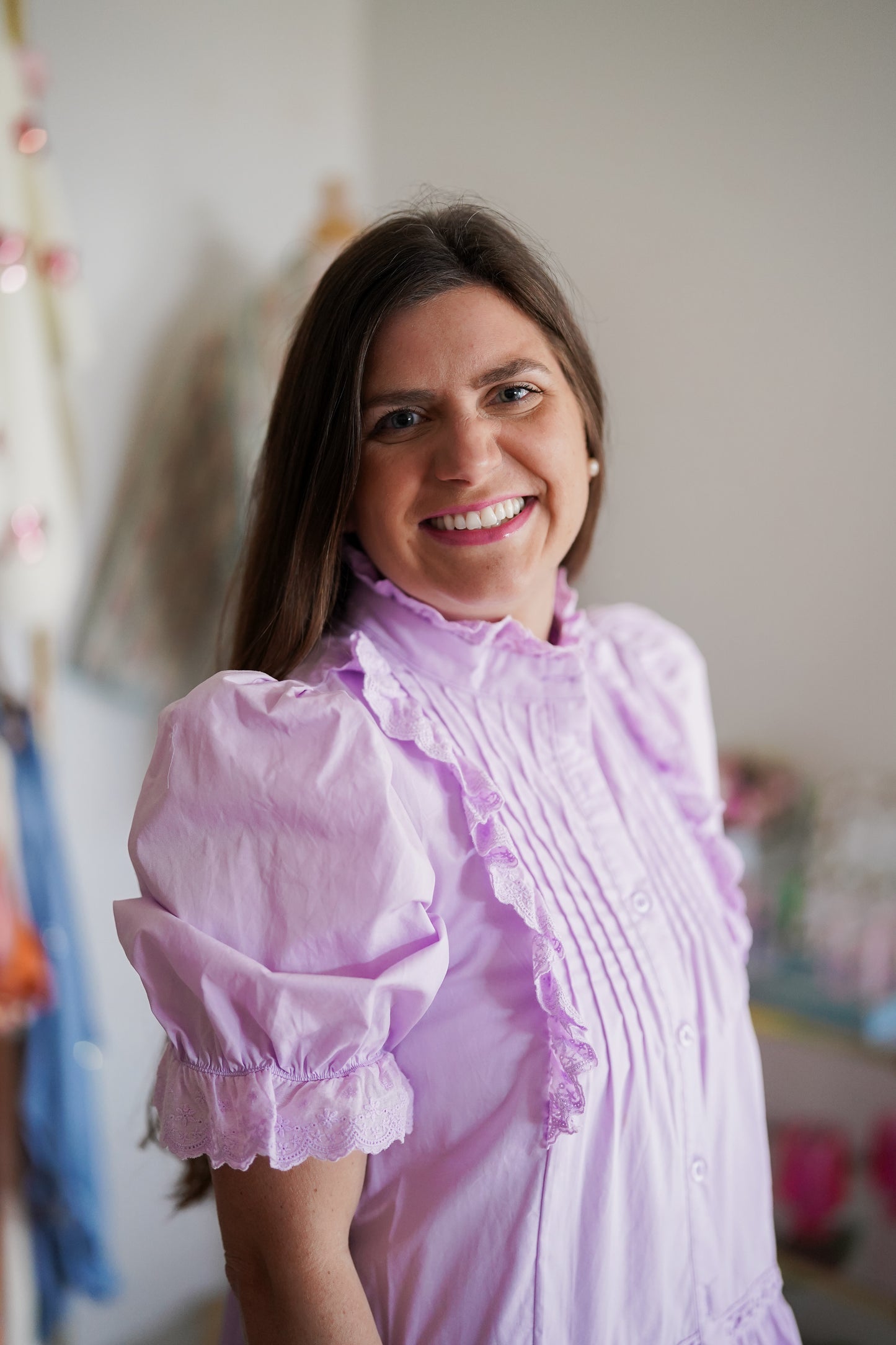 Lila Button Up Pin Tuck Lavender Puff Sleeve Dress