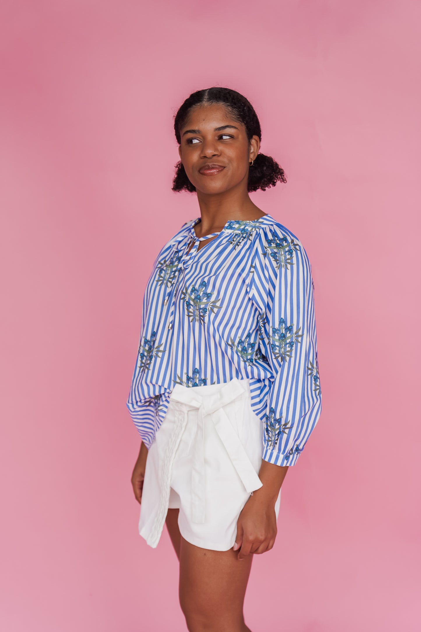 Julia Striped Floral Blue Pullover Top
