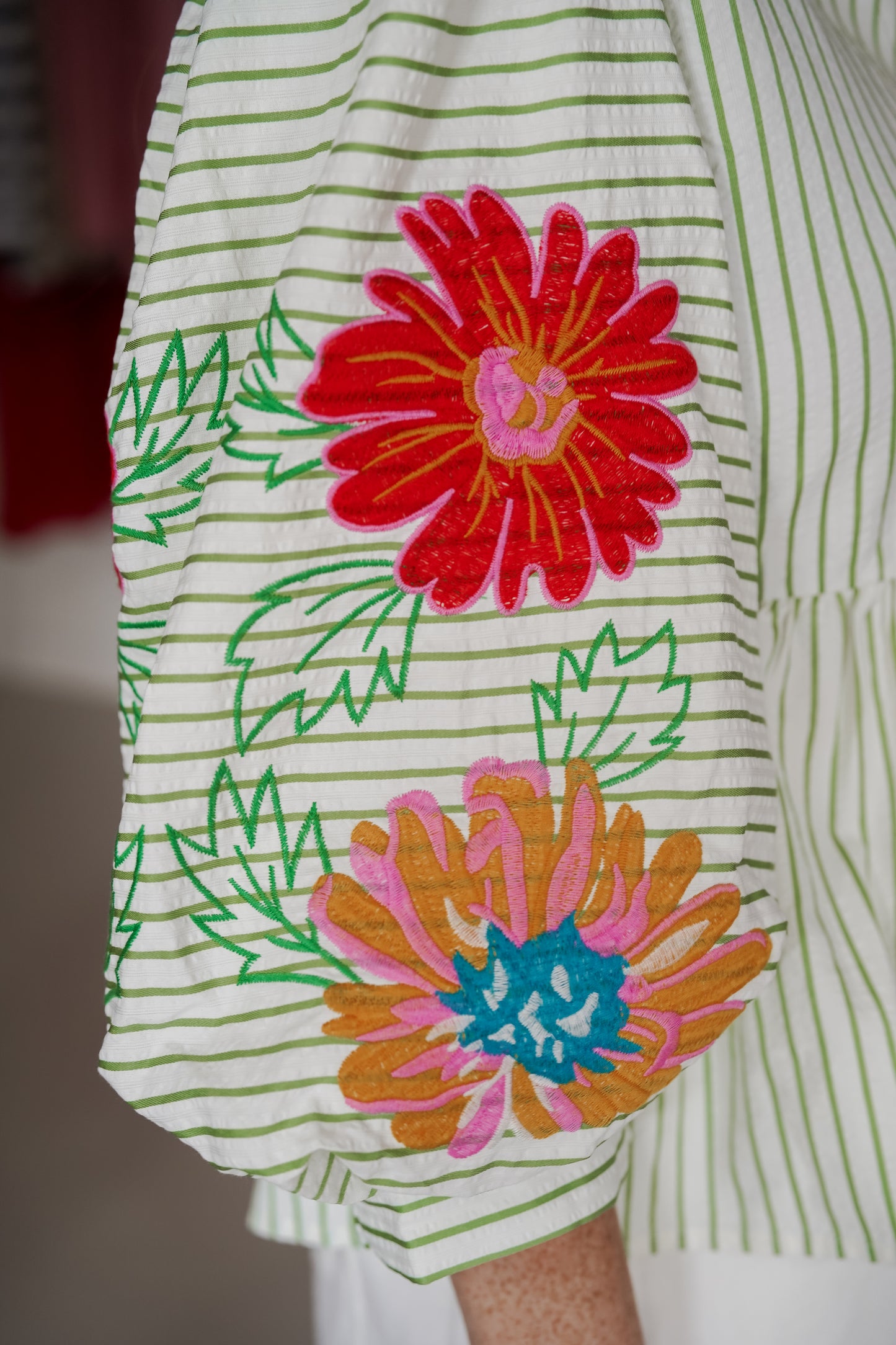 Green Striped Embroidered Top