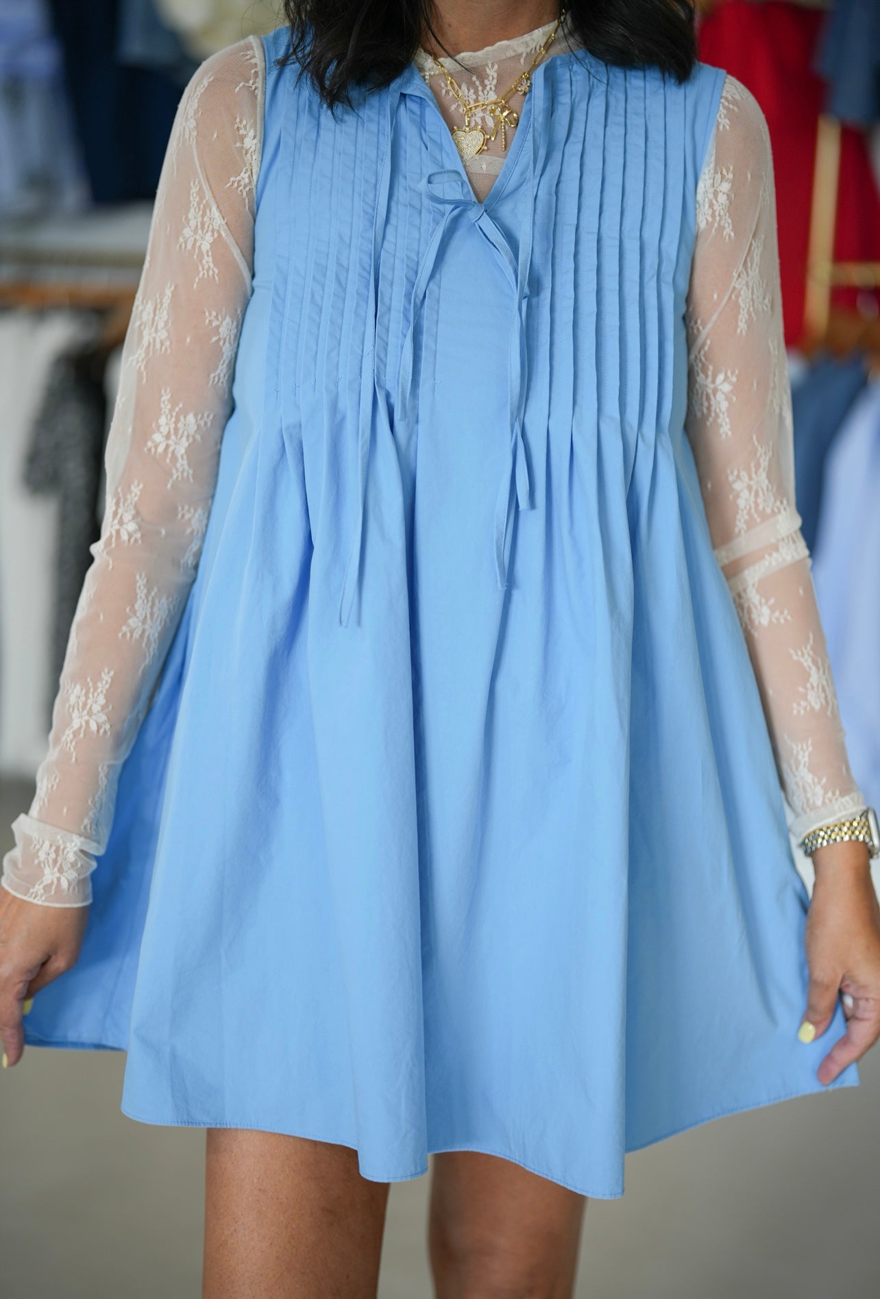 Avery Pintuck Tie Detail Poplin Azure Blue Mini Dress